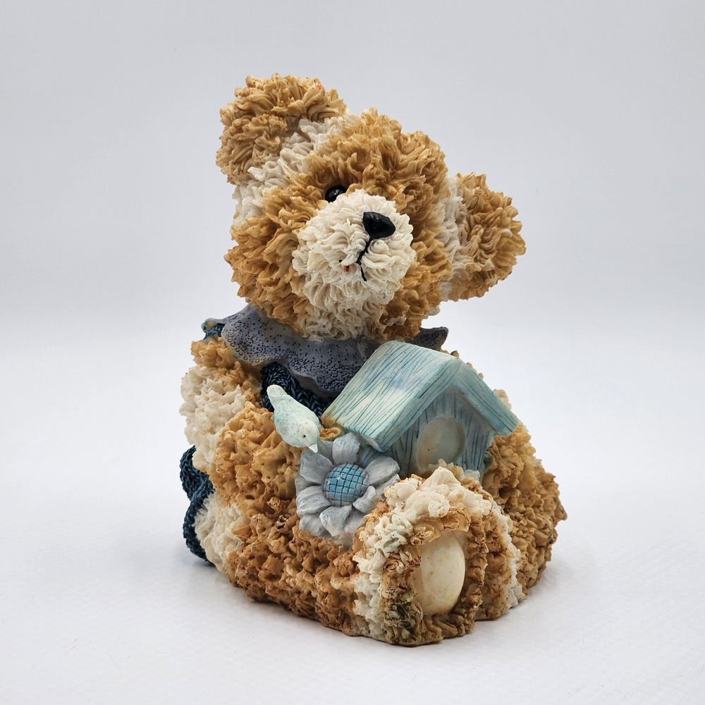 Textured Resin Teddy Bear Sitting Sculpture Birdhouse Blue Sweater Decor 8.25"